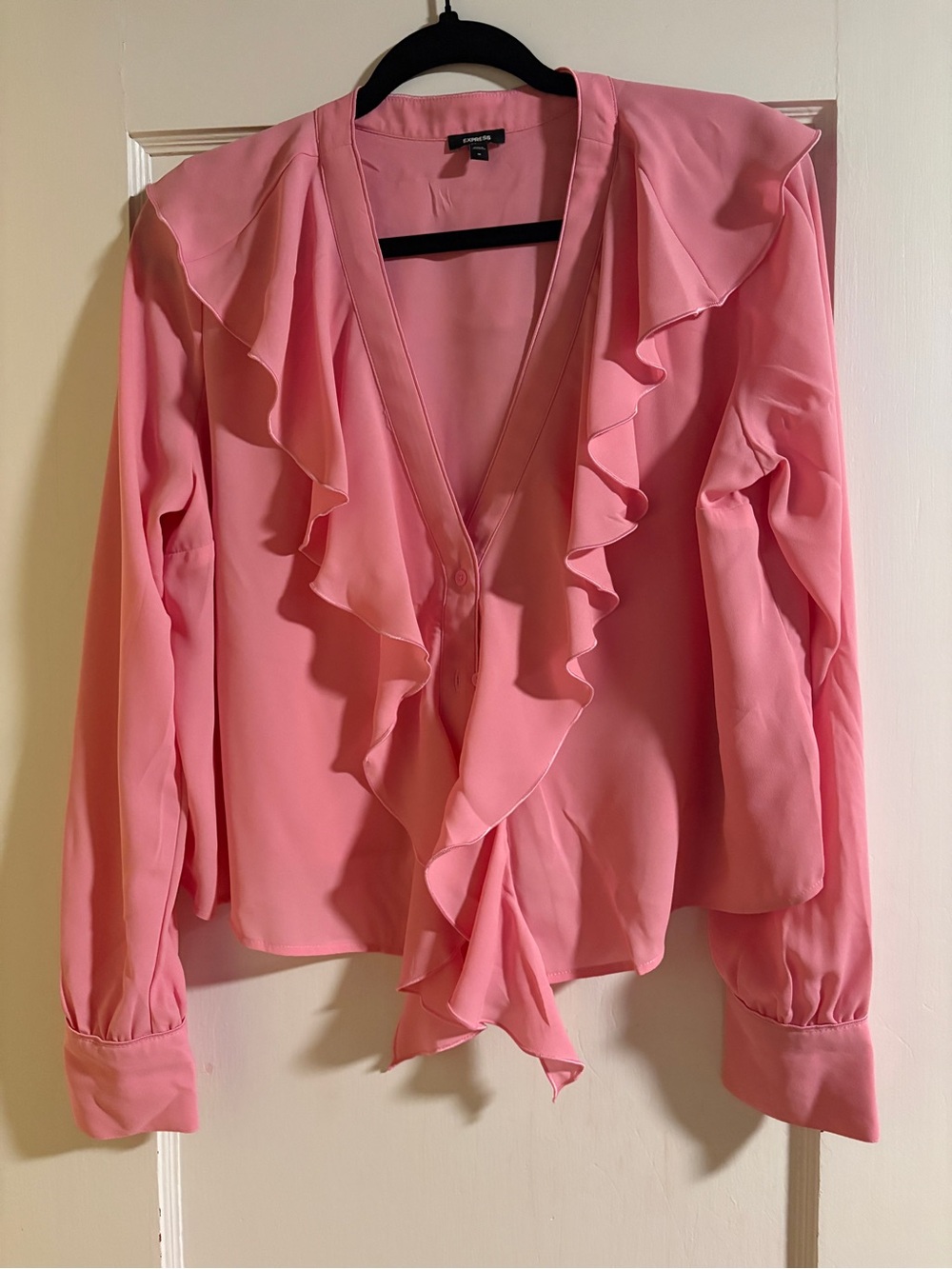 Express Pink Ruffle V-Neck Long Sleeve Blouse Button-down